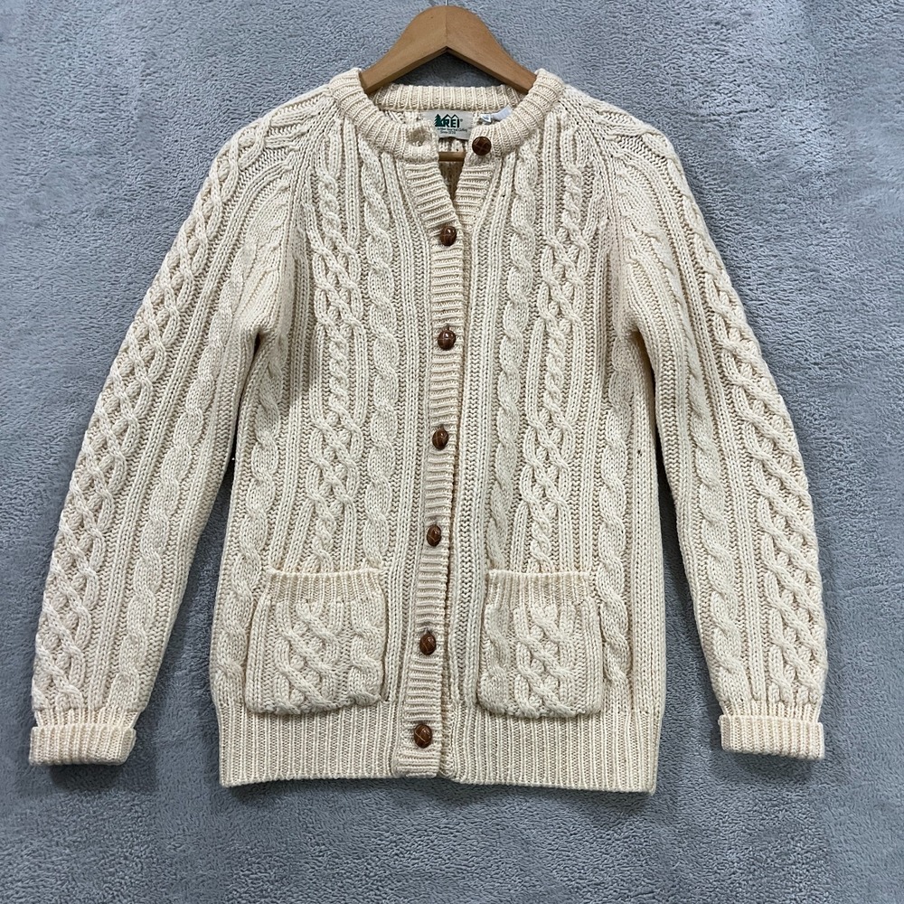 Rei Fisherman Cardigan Sweater Womens 36 Beige Cable Knit Ribbed Raglan Sleeve